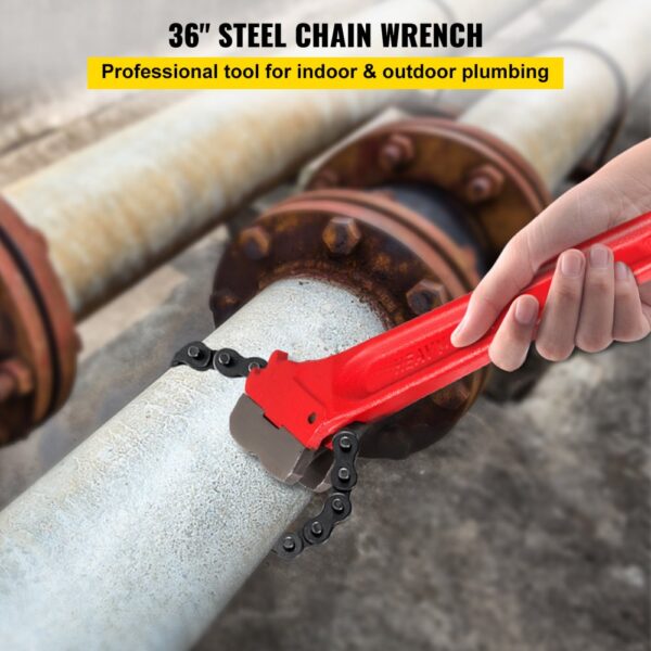 VEVOR chain wrench used on a large metal pipe for plumbing work.