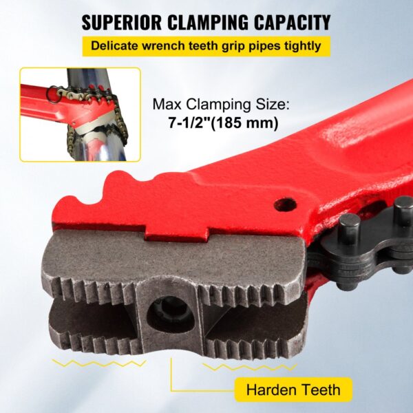 VEVOR chain wrench with superior clamping capacity and harden teeth for grip.