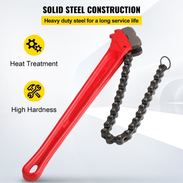 red VEVOR chain wrench with solid steel construction, heat treatment, and high hardness.