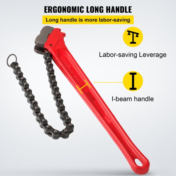 red VEVOR chain wrench with ergonomic long handle and labor-saving leverage.