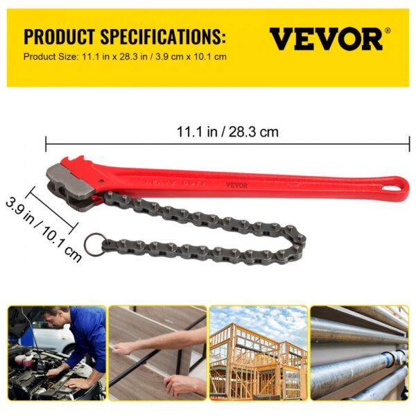 VEVOR chain wrench with specifications and practical applications in various tasks.