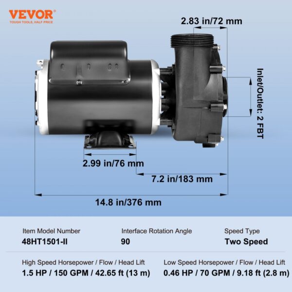 Vevor Dual-speed Spa Pump, 48-frame Hot Tub Pump, 1100W / 35 M³/h / 13 M High Speed or 250W / 14 M³/h / 2.8 M Low Speed, 2 In/5.6 CM Connectors 90° Rotational Interface Anti-leakage Overheat Automatic Power-off Protection For Home Spas, Outdoor Spas, Underground Spas