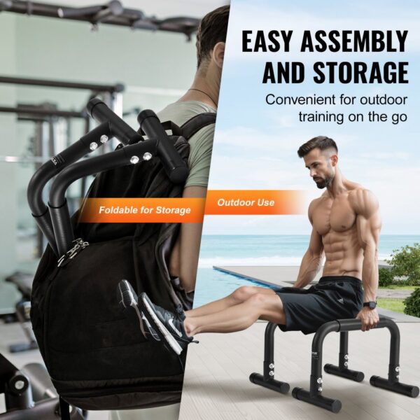 VEVOR dip bars: easy assembly, foldable design, perfect for outdoor and gym workouts, convenient storage.