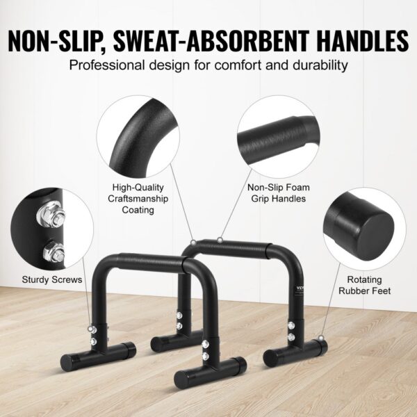 VEVOR dip bars with non-slip handles, rotating rubber feet, high-quality coating, and sturdy screws.