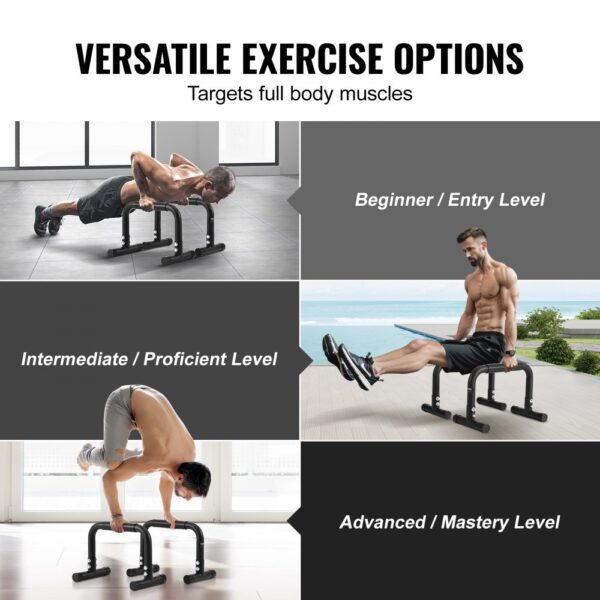 VEVOR dip bars showcasing various exercise levels: beginner, intermediate, and advanced with full body focus.