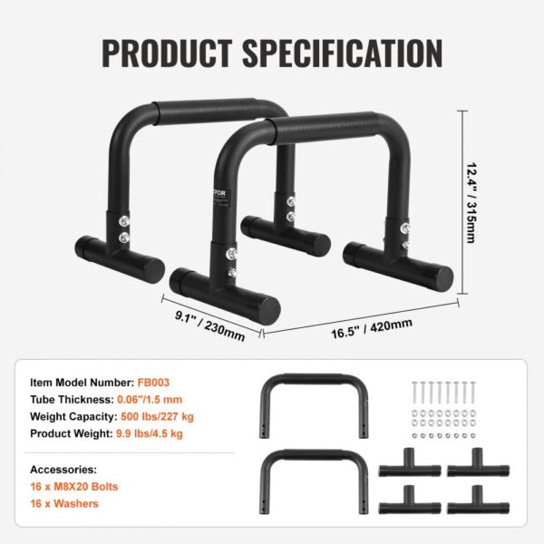 VEVOR dip bars with a 500 lbs capacity, 9.1"x16.5"x12.4" dimensions, 1.5mm thickness, and accessories.