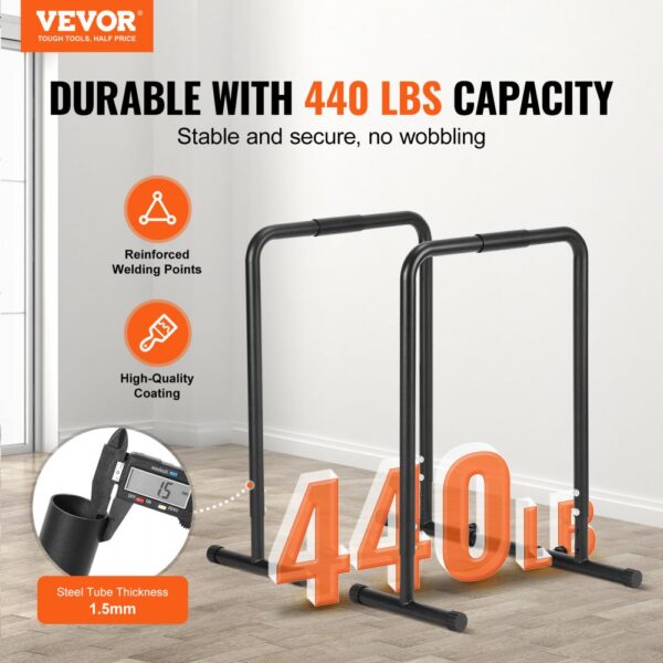 VEVOR dip bar with 440 lbs capacity, reinforced welding points, and high-quality coating.