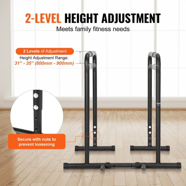 VEVOR dip bar with 2-level height adjustment ranging from 31" to 35", secure with nuts to prevent loosening.