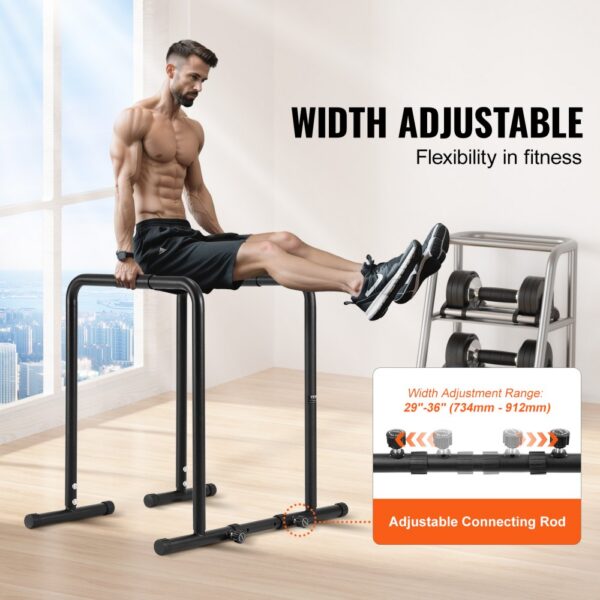 VEVOR dip bar: adjustable width bars with connecting rod for fitness, man performing l-sit exercise indoors.