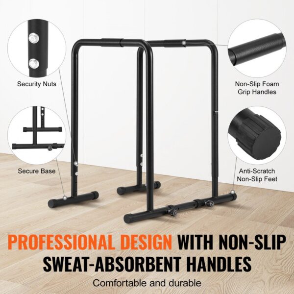 VEVOR dip bar with non-slip handles, secure base, and anti-scratch feet for comfortable workouts.