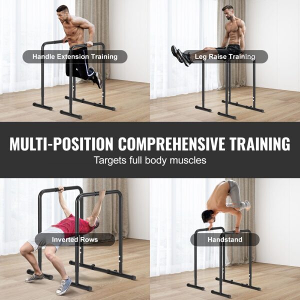 multi-position comprehensive training equipment for handle extensions, leg raises, inverted rows, and handstands on VEVOR dip bar.