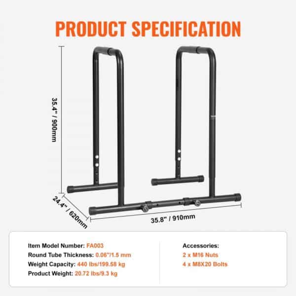 VEVOR dip bar, 35.4" height, 35.8" width, 24.4" depth, 440 lbs capacity, item number fa003.