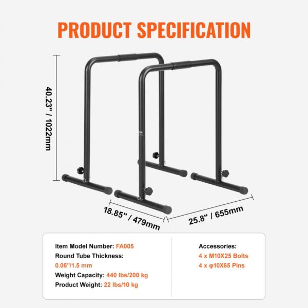 VEVOR Dip Bars, 440 lbs Capacity, Heave Duty Dip Stand Station with Adjustable Height, Fitness Workout Dip Bar Station Stabilizer Parallette Push Up Stand, Parallel Bars for Strength Training Home Gym