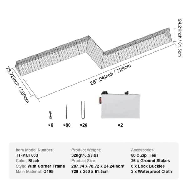 VEVOR Chicken Tunnels, 287 x 78.7 x 24.2 inch(LxWxH) Chicken Tunnels for Yard, Portable Chicken Tunnels for Outside with Corner Frames, 2 Sets, Suitable for Chickens, Ducks, Rabbits