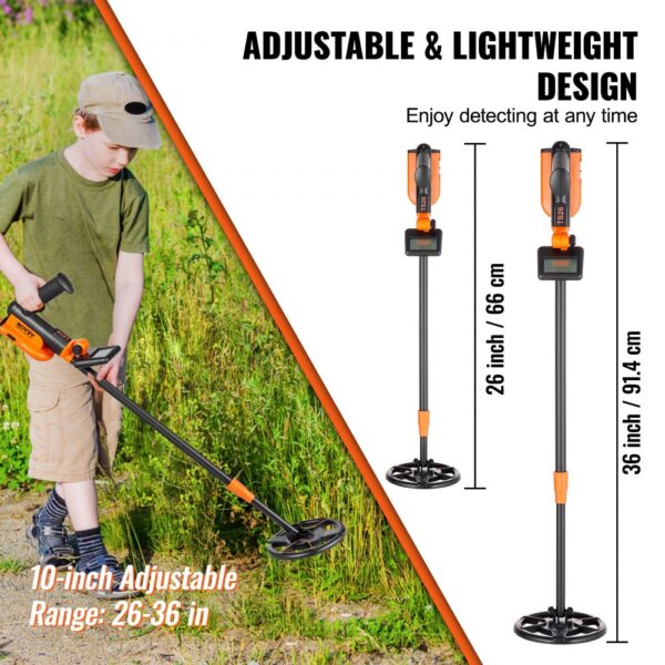 VEVOR Metal Detector for Kids, 6 Inch Waterproof Search Coil with LCD Display, Adjustable 26''-36'' Gold Detector, Lightweight Carbon Fiber Stem for Junior & Youth Detecting Gold Coin Treasure