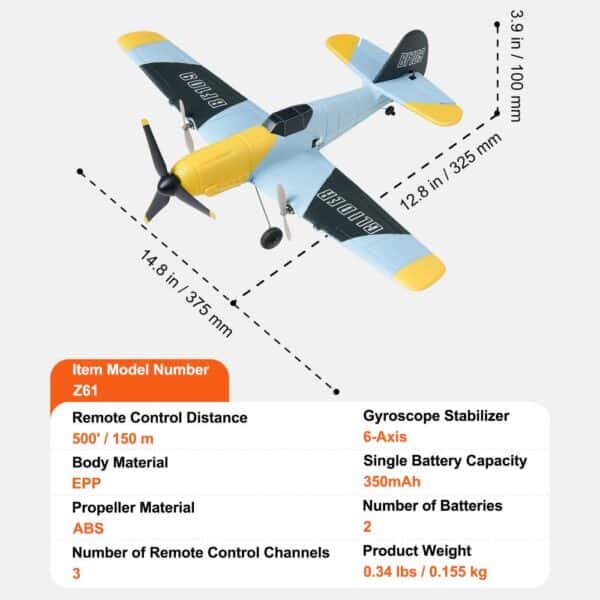 VEVOR rc airplane z61 with 14.8 in wingspan, epp body, abs propeller, 6-axis gyroscope, 350mah battery.