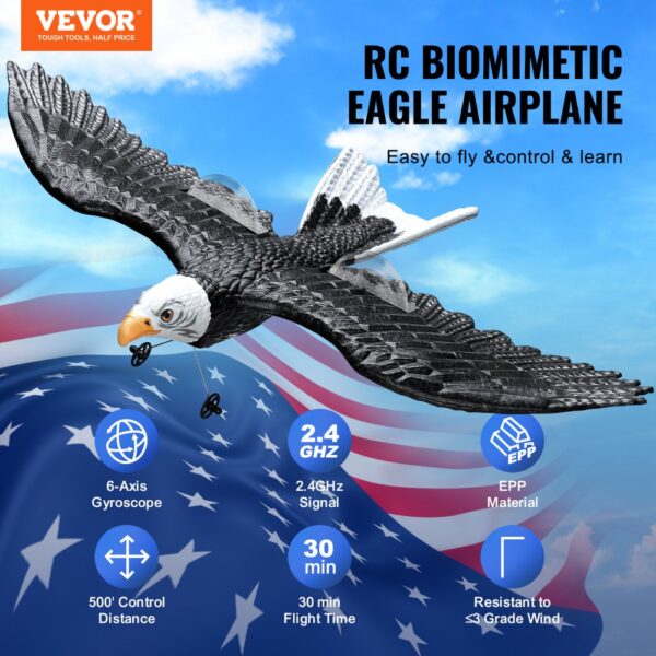 VEVOR rc airplane mimics an eagle, featuring 6-axis gyroscope, 2.4ghz signal, 500' control distance.