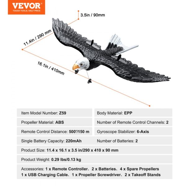 VEVOR rc airplane with eagle design, 6-axis gyroscope, and 500 ft remote control range, 11.4 x 16.1 inches.