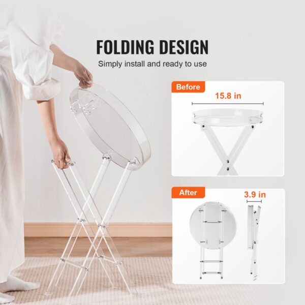 VEVOR acrylic folding tray table with round transparent top and collapsible legs for easy storage.