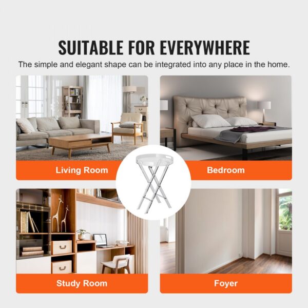 VEVOR acrylic folding tray table in living room, bedroom, study room, and foyer setups.