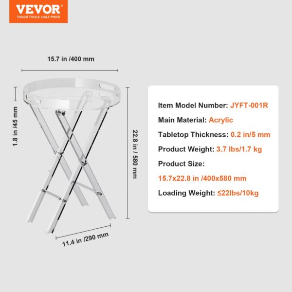 VEVOR acrylic folding tray table with dimensions and specifications detailed on a grey background.