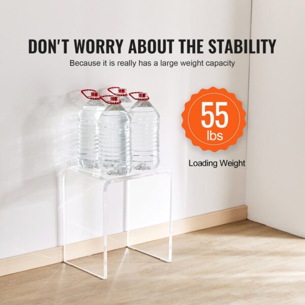 VEVOR acrylic end table holding water containers showing 55 lbs loading weight capacity.