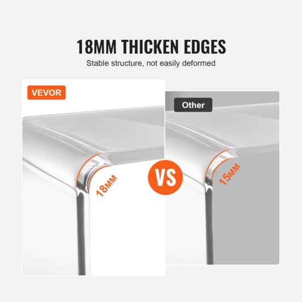 comparison of VEVOR acrylic end table with thicker 18mm edges versus 15mm edges for stability.