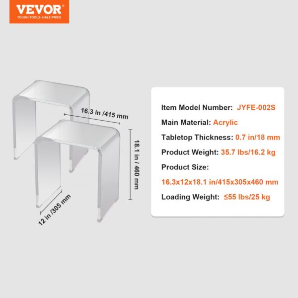 transparent VEVOR acrylic end table set with dimensions and product specifications highlighted.