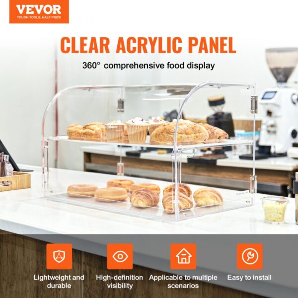VEVOR pastry display case showcasing baked goods on a countertop with high-definition visibility.