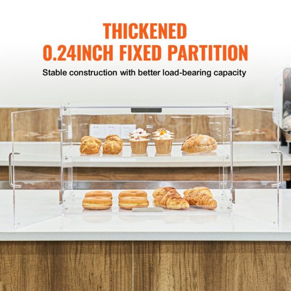 VEVOR pastry display case with thickened 0.24-inch fixed partition showcasing various pastries.