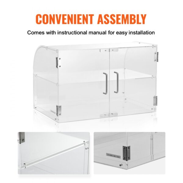 clear VEVOR pastry display case with metal handles and convenient assembly instructions.