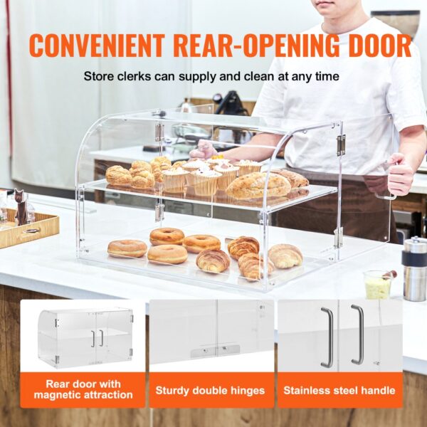 VEVOR pastry display case with rear-opening door, double hinges, and stainless steel handles in use.