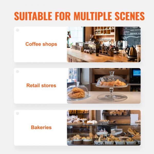 VEVOR pastry display case for coffee shops, retail stores, and bakeries showcasing pastries and baked goods.