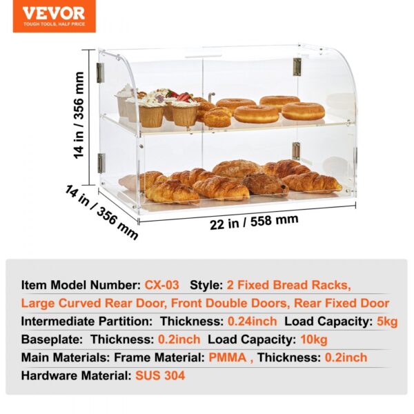 VEVOR pastry display case with front double doors and two shelves showcasing muffins and croissants.