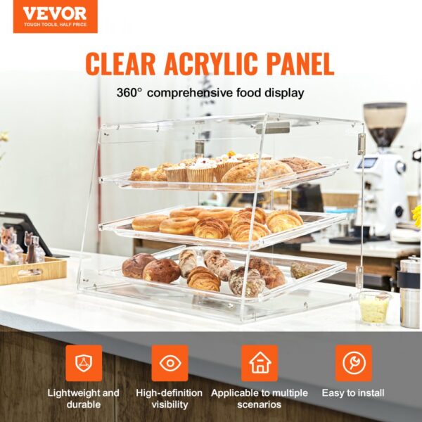 VEVOR pastry display case with clear acrylic panels showcasing assorted pastries on a countertop.