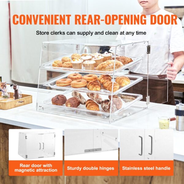 VEVOR pastry display case with rear-opening door, showcasing assorted baked goods on a countertop.