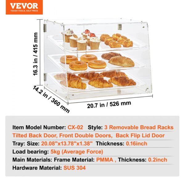 VEVOR pastry display case with 3 tiers of assorted pastries; dimensions 20.7"x14.2"x16.3".