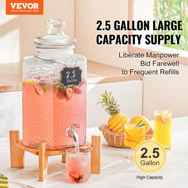 VEVOR beverage dispenser with 2.5-gallon capacity, filled with pink beverage, wooden stand, and fruits.