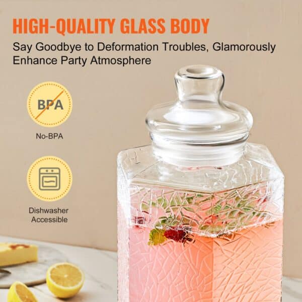 high-quality VEVOR beverage dispenser with glass body, no-bpa, dishwasher accessible, and lemon slices.