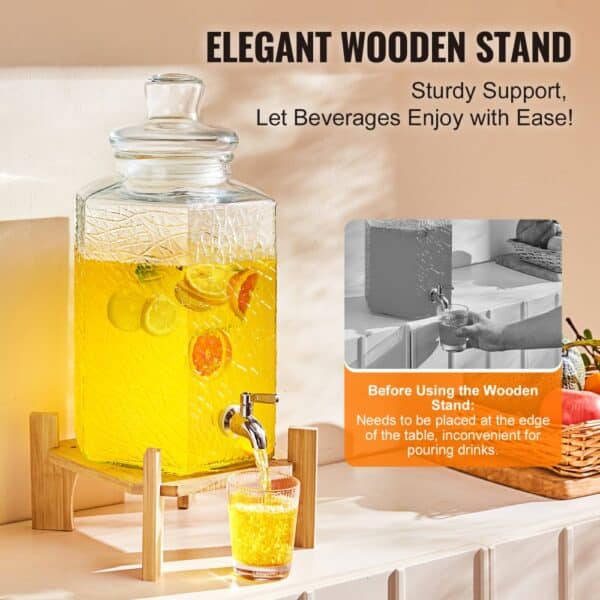 VEVOR beverage dispenser on elegant wooden stand with fruit-infused drink, providing sturdy support.