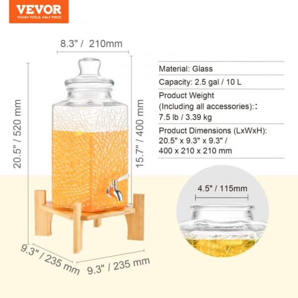 VEVOR beverage dispenser, 2.5 gal glass, 9.3"x9.3"x20.5" with wooden stand and metal spout.