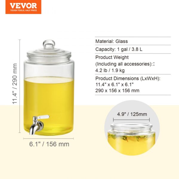 VEVOR Beverage Dispenser, 1 Gallon Drink Dispensers for Parties, Glass Juice Dispenser with Stainless Steel Spigot, Iced Tea Lemonade Juice Water Dispenser, for Restaurants, Hotels, Parties