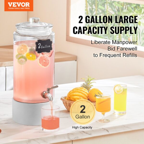 VEVOR beverage dispenser with 2-gallon capacity, filled with juice and fruits, beside various drinks.