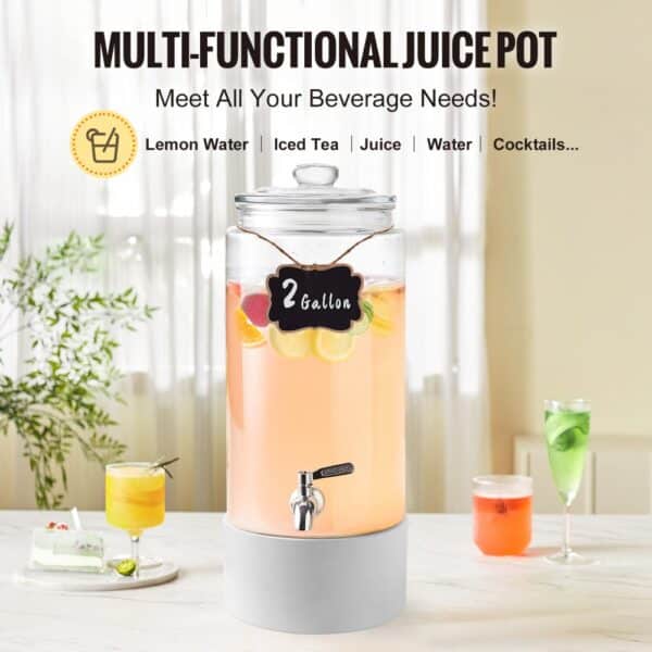 VEVOR beverage dispenser, 2-gallon juice pot with fruits, ideal for lemon water, iced tea, and cocktails.