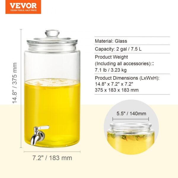 VEVOR beverage dispenser, 2-gallon glass container with tap, dimensions and capacity displayed.