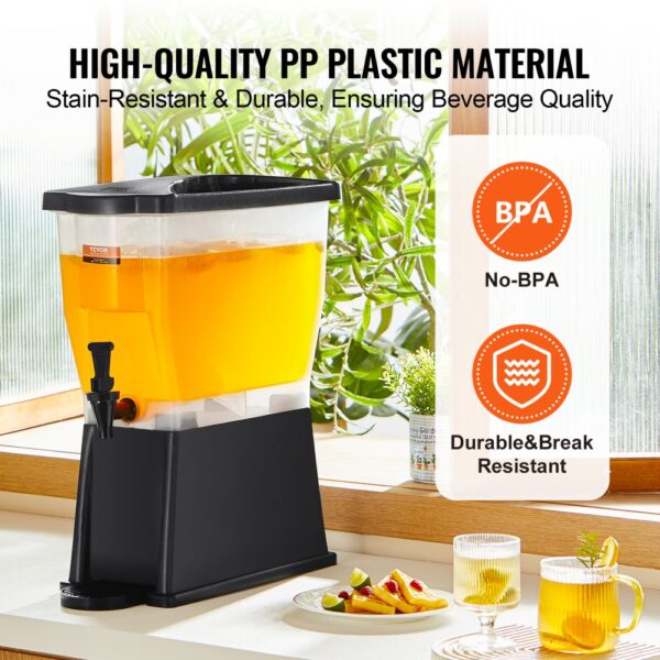 VEVOR beverage dispenser with bpa-free durable pp plastic, filled with orange juice on a kitchen counter.