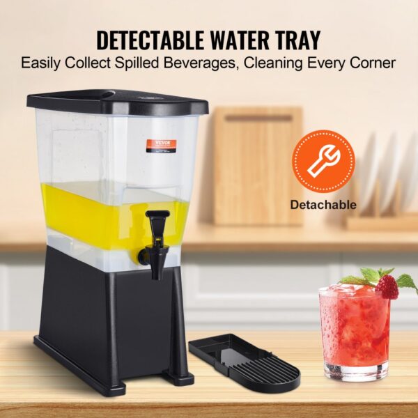 VEVOR beverage dispenser with detachable tray and filled drink glass on a kitchen counter.