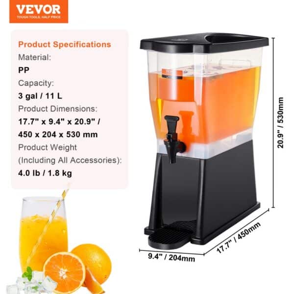 VEVOR beverage dispenser with 3-gallon capacity, dimensions 17.7"x9.4"x20.9", and weighing 4 lbs.