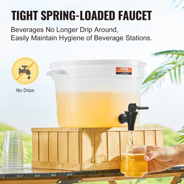 VEVOR beverage dispenser with spring-loaded faucet, no-drip design, dispensing orange drink into a glass.