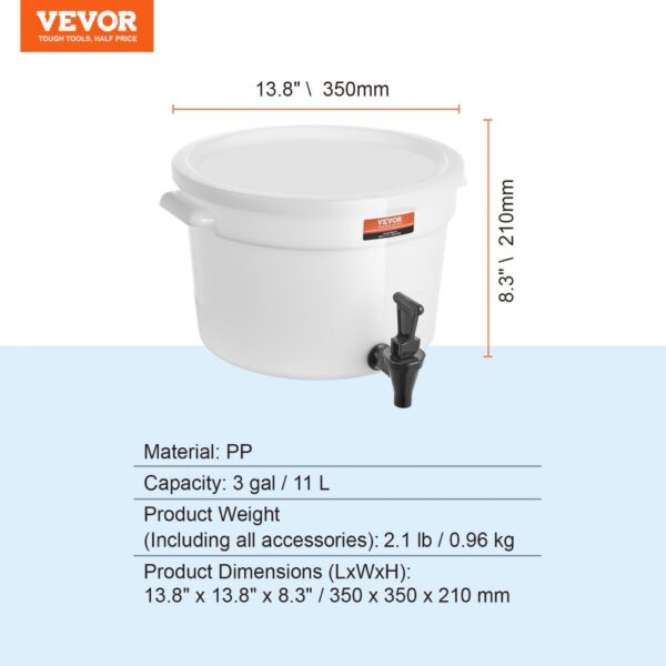 VEVOR beverage dispenser, 3-gal capacity, durable pp material, dimensions: 13.8"x13.8"x8.3".